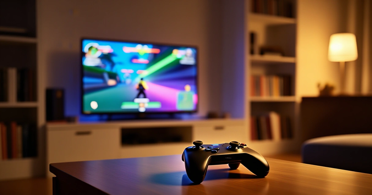 Indie-pelejä pelataan konsolilla olohuoneessa pehmeässä lampunvalossa