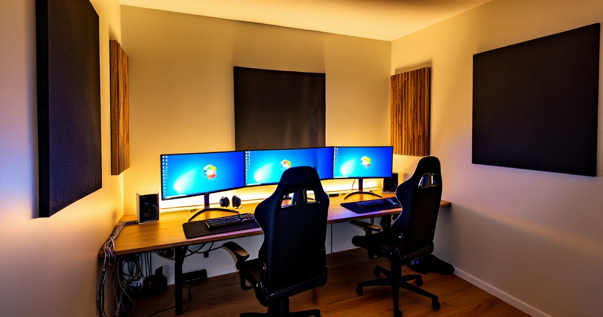 Siisti ja ergonominen kotipelihuone LED-valaistuksella ja akustiikkalevyillä